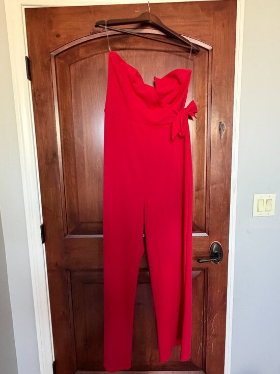 row a Pants - ROW A Red Strapless Jumpsuit XL Sweetheart Neck Bow Detail Wide Leg